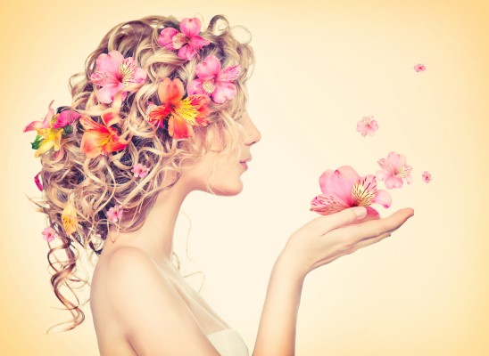 Beauty girl takes beautiful flowers in her hands